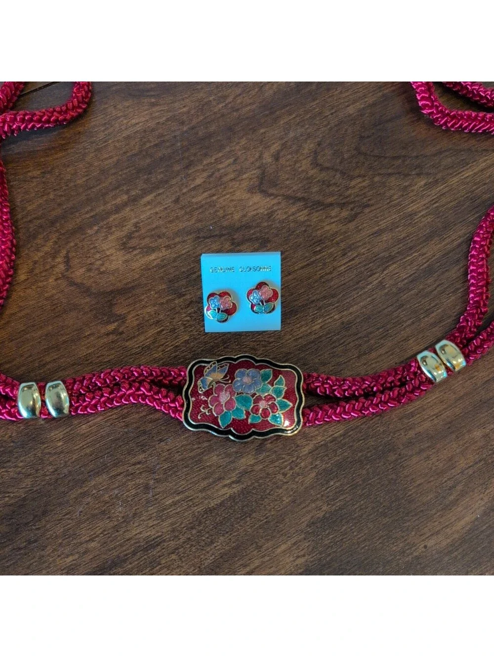 Vtg RED GENUINE CLOISONNÉ Floral ENAMEL BELT BUCKLE Cord Stretch Rope earrings